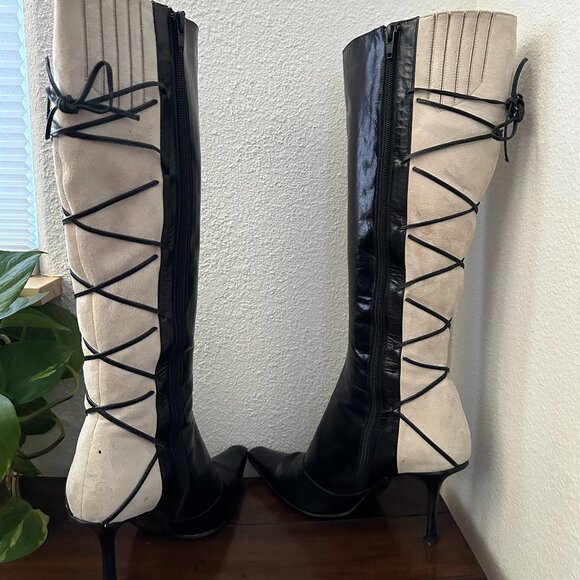 Vintage Black Leather White/Cream Suede w/Lace Detail Stiletto Boots - Picture 2 of 16